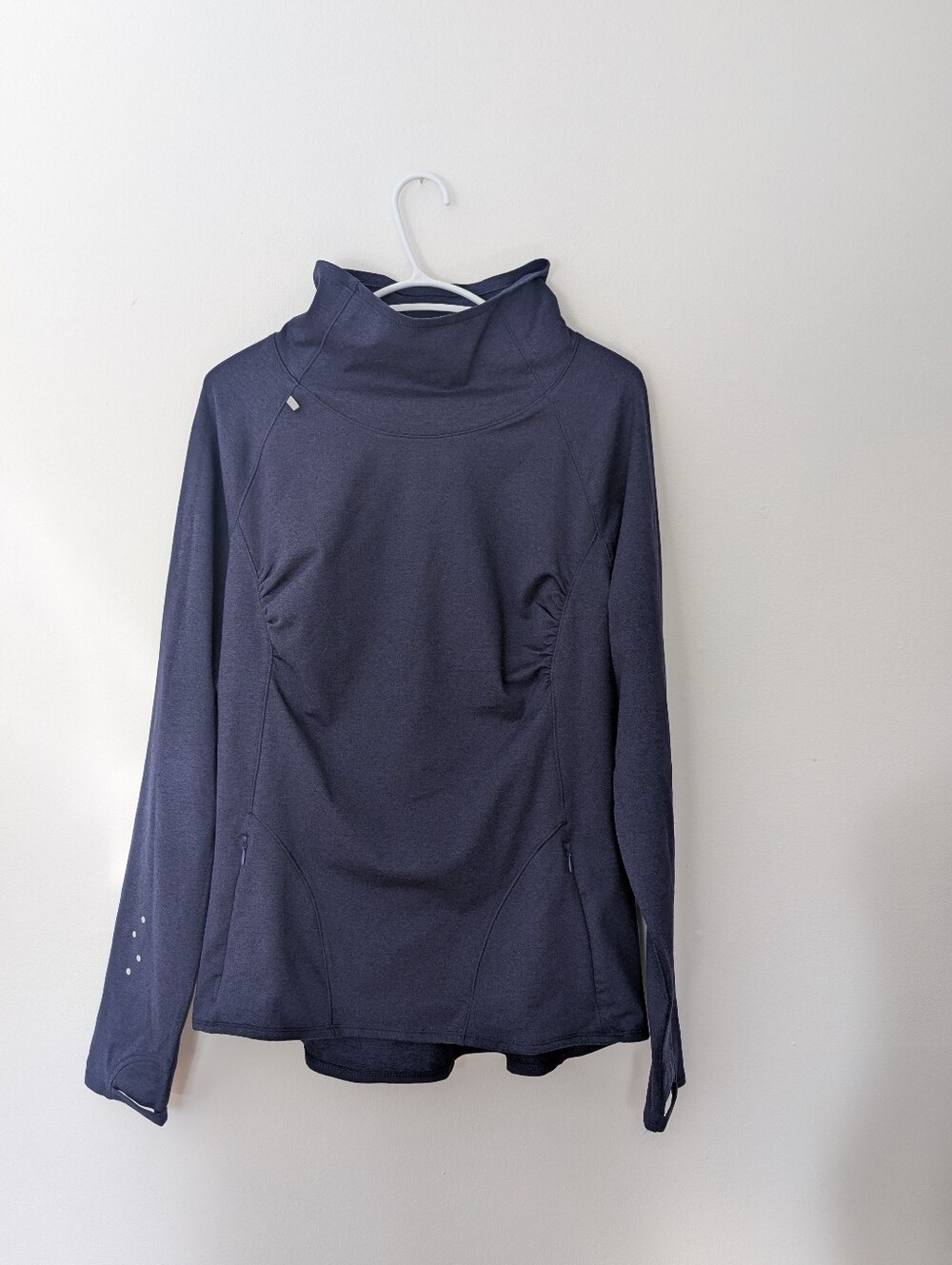 NWOT Hyba Cowl Neck Activewear Top Zip Pockets Thumbhole Heather Blue XL